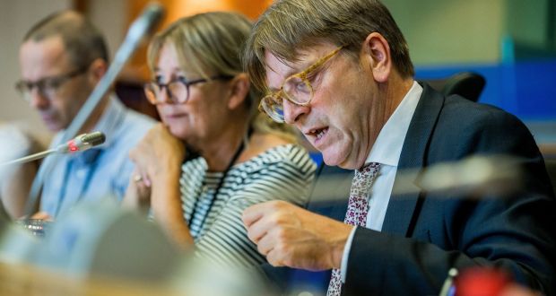Brexit co-ordinator for the European Parliament Guy Verhofstadt  speaking during  Brexit negotiations  in Brussels. Photograph: EPA/Stephanie Lecocq