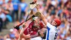 Galway’s Conor Whelan and Jonathan Glynn challenge Barry Coughlan and Tadhg De Burca in the air during the All-Ireland SHC final. Photograph: Cathal Noonan/Inpho