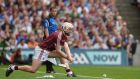 Joe Canning stoops to take a sideline cut during Galway’s win over Waterford. Photograph: Piaras Ó Mídheach/Sportsfile via Getty 