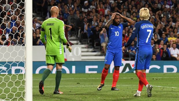 Alexandre Lacazette after missing a chance during France’s goalless draw with Luxembourg. Fred Lancelot/Reuters