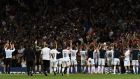 Luxembourg players celebrate after their goalless draw with France. Photograph: Fred Lancelot/Reuters