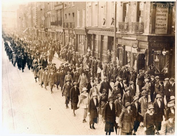 Cumann na mBan members march at Cathal Brugha’s funeral, O’Connell Street, Dublin, July 1922. Photograph: Courtesy of Kilmainham Gaol Museum / 20PO-1A34-14