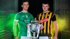 Tom Morrissey of Limerick with Pat Lyng of Kilkenny prior to this weekend’s U-21 hurling final. Photograph:  Sam Barnes/Sportsfile 