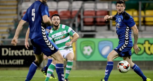 Brandon Miele scores Shamrock Rovers’ fourth goal to complete his hat-trick in the FAI Cup quarter-final against Blueball United at Tallaght Stadium. Photograph: Ryan Byrne/Inpho