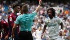 Marcelo was shown a red card as Real Madrid were held by Levante at the Bernabeu. Photograph: Susana Vera/Reuters