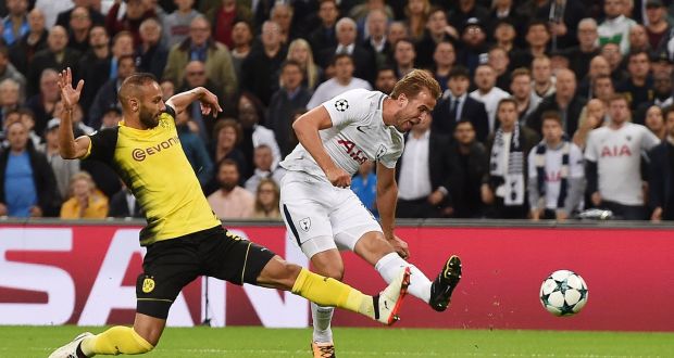  Tottenham’s Harry Kane  scores his side’s second goal in the  Champions League  match against  Borussia Dortmund at Wembley Stadium. Photograph: Andy Rain/EPA