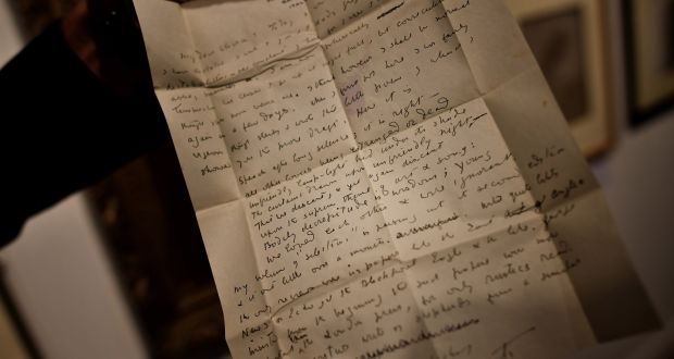 A letter from WB Yeats to his  friend and first lover, Olivia Shakespear, featuring the poem “After Long Silence”,   is displayed at the Yeats: The Family Collection exhibition at the Royal Hibernian Academy, Dublin.  Photograph: Charles McQuillan/Getty Images for Sotheby’s