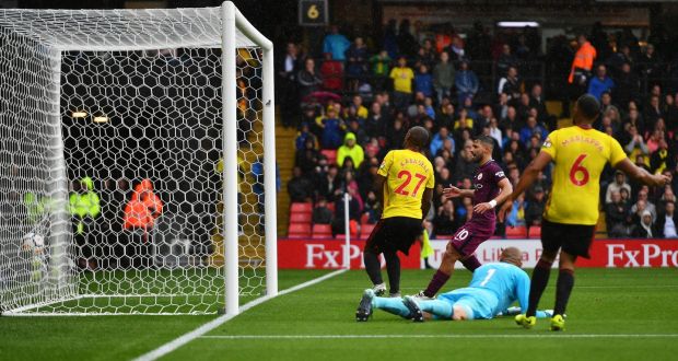 Sergio Aguero of Manchester City scores his side’s second goal. Photograph:  Dan Mullan/Getty Images