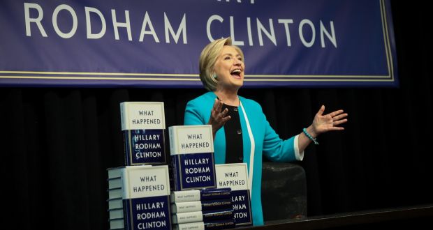 Former US secretary of state Hillary Clinton onstage to sign copies of her new book ‘What Happened’ at Barnes and Noble bookstore, New York. Photograph: Drew Angerer/Getty Images