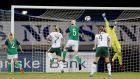 Northern Ireland’s Lauren Perry can’t stop a goal from Megan Campbell. Photograph: William Cherry/Inpho