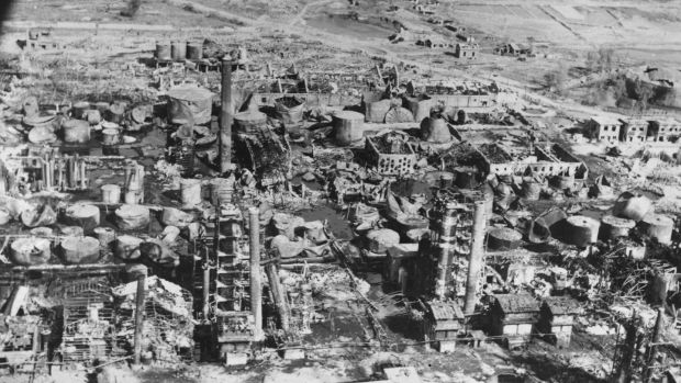 An oil refinery in North Korea after being destroyed by B-29 bombers. Photograph: Hulton-Deutsch Collection/CORBIS/Corbis via Getty Images
