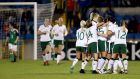 Republic of Ireland women celebrate a goal during their victory over Northern Ireland in Lurgan. Photograph: William Cherry/Inpho