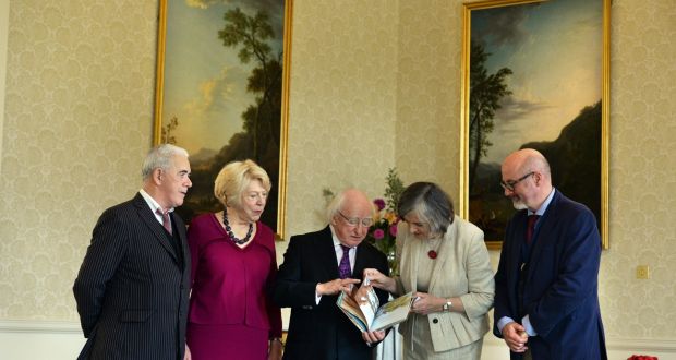 President Michael D Higgins and his wife Sabina receive representatives of Poetry Ireland to mark its 40th anniversary and Children’s Books Ireland to mark its 20th anniversary, with from left; Theo Dorgan, Siobhan Parkinson and PJ Lynch at Áras an Uachtaráin.Photograph: Dara Mac Dónaill