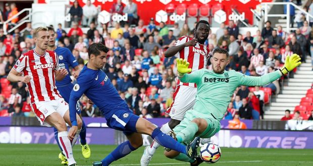  Chelsea’s Alvaro Morata scores his side’s  fourth goal to complete his hat-trick against Stoke City. Photograph: Andrew Yates/Reuters 