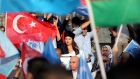 Turkish protestors hold Turkish and Turkmen flags as they shout slogans against Kirkuk for taking part in the Kurdish referendum during a demonstration in Istanbul, Turkey on Sunday. Photograph: Erdem Sahin/EPA