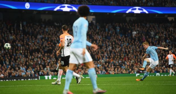 Manchester City midfielder Kevin De Bruyne opens the scoring in the Champions League game against  Shakhtar Donetsk at Etihad Stadium. Photograph: Laurence Griffiths/Getty Images