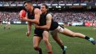  Conor McKenna of the Essendon Bombers in action against the  Carlton Blues.  “At the minute I am happy there and I’ll see after four years what happens.”  Photograph:  Robert Cianflone/Getty Images