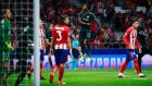 Chelsea’s Michy Batshuayi celebrates after scoring his side’s late winner in the  Champions League  match against  Atletico at Estadio Wanda Metropolitano. Photograph: Gonzalo Arroyo Moreno/Getty Images