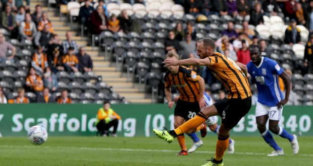  David Meyler of Hull City scores from the penalty spot against Birmingham City.  Photograph: Nigel Roddis/Getty Images 
