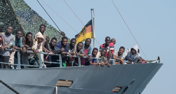 Migrants on the German military ship Rhein. Photograph: Alfonso Di Vincenzo/Kontrolab/LightRocket via Getty Images