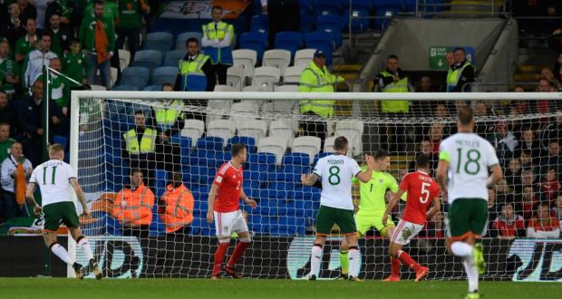 Ireland’s James McClean watches his shot go fly past Wayne Hennessey in the 1-0 World Cup qualifying win over Wales in Cardiff. Photo: Stu Forster/Getty Images