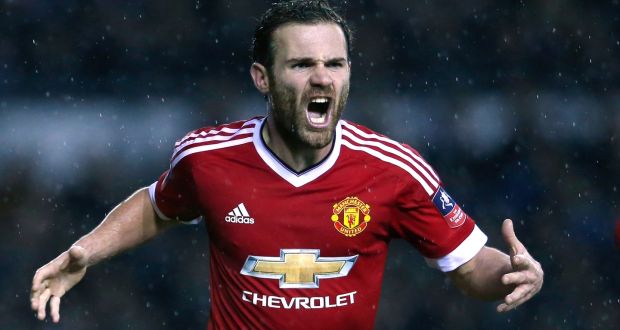 Juan Mata celebrates after scoring for Manchester United: “You see so many players with physical qualities. They are quick and strong but they don’t make the right decisions.” Photograph: Eddie Keogh/Reuters 
