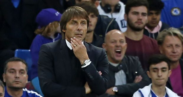 Antonio Conte: will be forced to juggle his squad against Crystal Palace in the absence of key midfielder N’Golo Kante and leading scorer Alvaro Morata. Photograph: Ian Kingston/AFP 