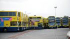  Dublin Bus buses in Broadstone Bus depot Dublin after services were cancelled as ex-hurricane Ophelia hits. Photograph: Caroline Quinn/PA Wire 