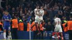 Roma’s Edin Dzeko celebrates scoring his side’s third goal during their Champions League clash with Chelsea at Stamford Bridge. Photo: Andrew Matthews/PA Wire