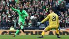 Celtic’s Moussa Dembele scores his side’s fourth goal  during the Betfred Cup, semi-final match against Hibernian at Hampden Park. Photograph:  Jane Barlow/PA Wire