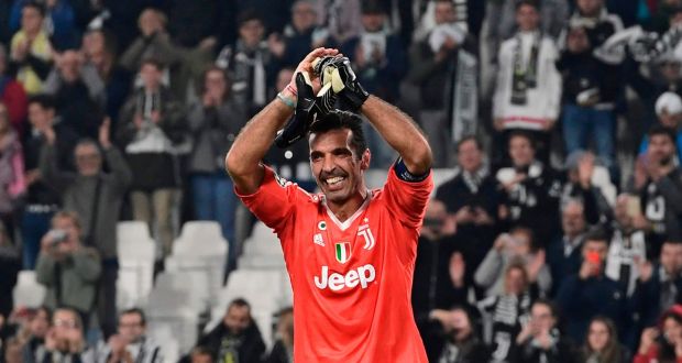 Juventus’ goalkeeper Gianluigi Buffon celebrates after their Champions League win over Sporting Lisbon. Photo: Miguel Medina/Getty Images
