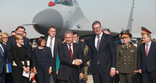 Serbian president Aleksandar Vucic and Russian defence minister Sergei Shoigu at an air show in Belgrade: Serbia is Russia’s key ally in a region where all the countries now either are or want to be EU members. Photograph:  Djordje Kojadinovic/Reuters