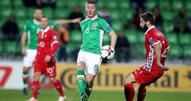 Ireland midfielder James McCarthy in World Cup qualifier against Moldova last year: player has been named in Martin O’Neill’s    preliminary squad for next month’s  play-off against Denmark. Photograph: Ryan Byrne/Inpho
