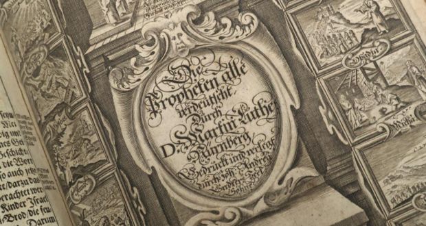 Opening up the Bible to the laity: a page of a 1642 edition of Martin Luther’s translation into German of the Bible. Photograph: Sean Gallup/Getty