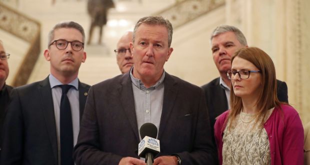 Sinn Féin’s Conor Murphy speaking to the media at Stormont Parliament buildings, Belfast, as talks to save the Northern Ireland Power sharing executive continue. Photograph: Niall Carson/PA Wire 