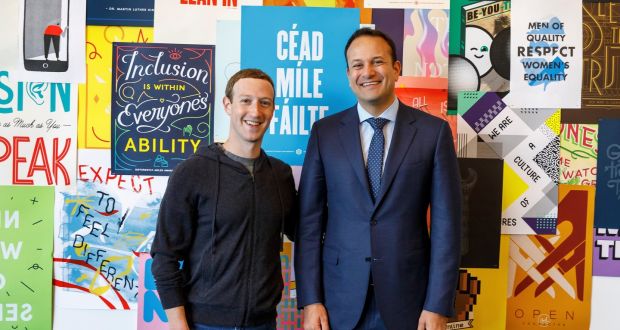 Facebook founder and chief executive Mark Zuckerberg with Taoiseach Leo Varadkar at the company’s headquarters in Menlo Park, Silicon Valley, California. Facebook has confirmed it plans to create hundreds of new jobs in Ireland next year. Photograph: Facebook 