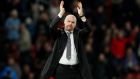 Burnley manager Sean Dyche applauds the travelling supporters after the victory over Southampton at St Mary’s. Photograph:   John Sibley/Action Images via Reuters