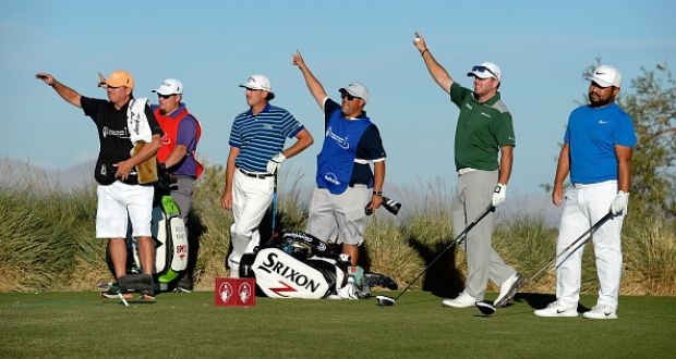 JJ Spaun watches as his playing partners, Kelly Kraft, Robert Garrigus and their caddies, signal and errant tee shot on the 18th hole during the third round of the Shriners Hospitals For Children Open at the TPC Summerlin in Las Vegas, Nevada. Photograph: Robert Laberge/Getty Images