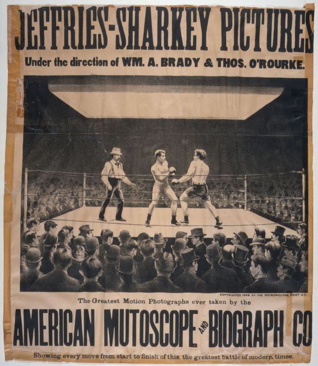 Fight night: Tom Sharkey’s fight against James J Jeffries, at Coney Island in 1899, was the first boxing match filmed under artificial light. Photograph: Library of Congress