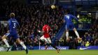 Chelsea’s Álvaro Morata scores the winner against Manchester United at Stamford Bridge. Photograph: Reuters