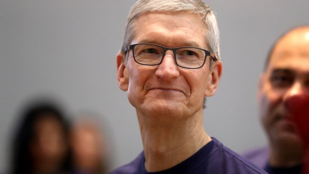 Tim Cook looks on as the new iPhone X goes on sale at an Apple Store on November 3rd, 2017 in Palo Alto, California. Photograph: Justin Sullivan/Getty