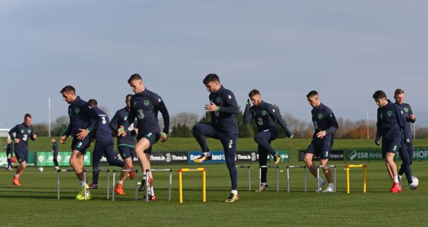 The Republic of Ireland squad during a training session at the FAI National Training Centre, Abbotstown. Ireland take on Denmark in the first leg of their World Cup playoff in Copenhagen this Saturday. Photo: Niall Carson/PA Wire
