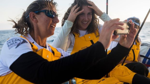 Annalise Murphy (right) poses for a selfie with a fellow crew member on board Turn the Tide on Plastic. Photo: Jen Edney/Volvo Ocean Race
