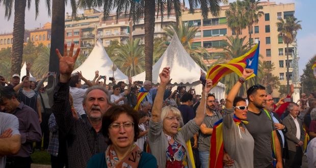Crowds near the Parc de la Ciutadella Barcelona after Catalonia declared independence on October 27th. Photograph: Dave Walsh