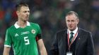 Northern Ireland manager Michael O’Neill and  Jonny Evans after the final whistle of the World Cup playoff first leg against Switzerland at Windsor Park in Belfast. Photograph:  William Cherry/Inpho/Presseye/