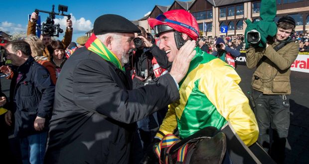 Owner Alan Potts congratulates jockey Robbie Power after Fox Norton’s win in the BoyleSports Champion Steeplechase at Punchestown back in April. Photograph: Morgan Treacy/Inpho