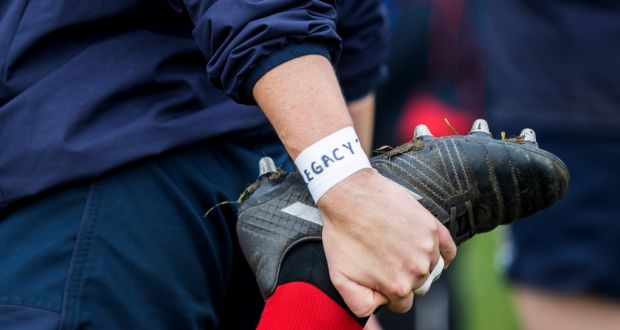 A player wears a “legacy” wristband to protest the abominable treatment of women’s rugby by the IRFU. Photograph: Oisin Keniry/Inpho