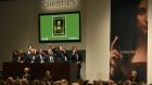 Christie’s employees take bids for Leonardo da Vinci’s Salvator Mundi during the postwar and contemporary art evening sale at Christie’s New York on Wednesday. Photograph: Timothy A Clary/AFP/Getty Images