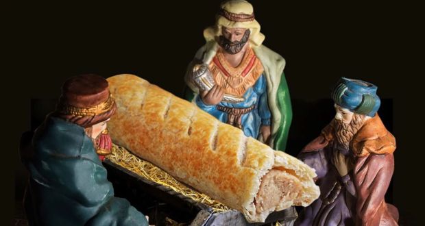 Greggs advertisement: The three wise men and the sausage roll in a manger. Photograph: PA 