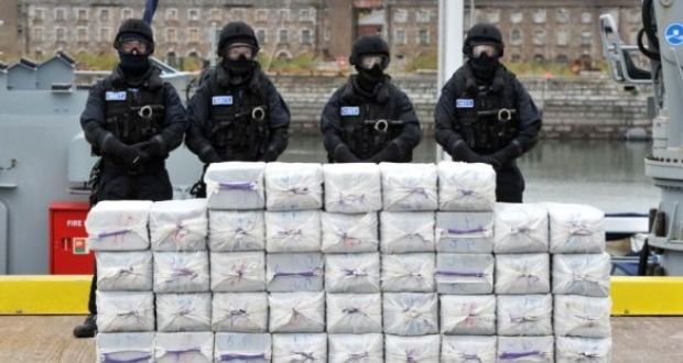 Members of the Navy with the cocaine haul seized on the yacht Makayabella, in Haulbowline Naval base, Cork in 2014. File photograph: Michael Mac Sweeney/Provision